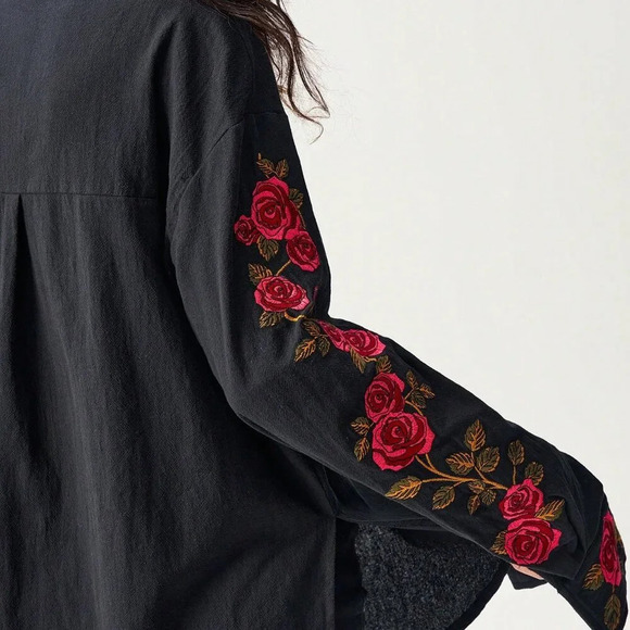 Black Casual Women's Loose Woven Asymmetrical Hem Long Sleeve Long Shirt - Picture 4 of 7